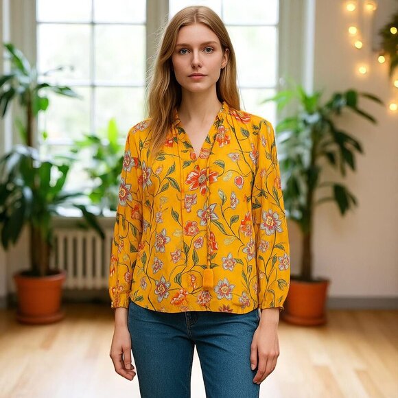 NANETTE LEPORE SZ XS Floral Yellow V-Neck Gathered Peasant Top - Picture 1 of 10